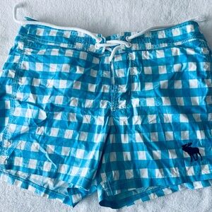Preowned Abercrombie & Fitch Men’s Swimming Trunks Plaid White Logo Sz L, XL